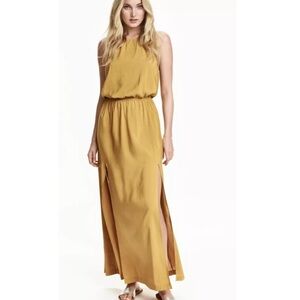 H&M maxi dress size 10 Women Satin mustard yellow Front Side Slits sleeveless S